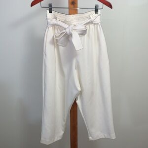 OAK + FORT Paper Bag Cream White High Waist Poly/Rayon Belted Cropped Trousers